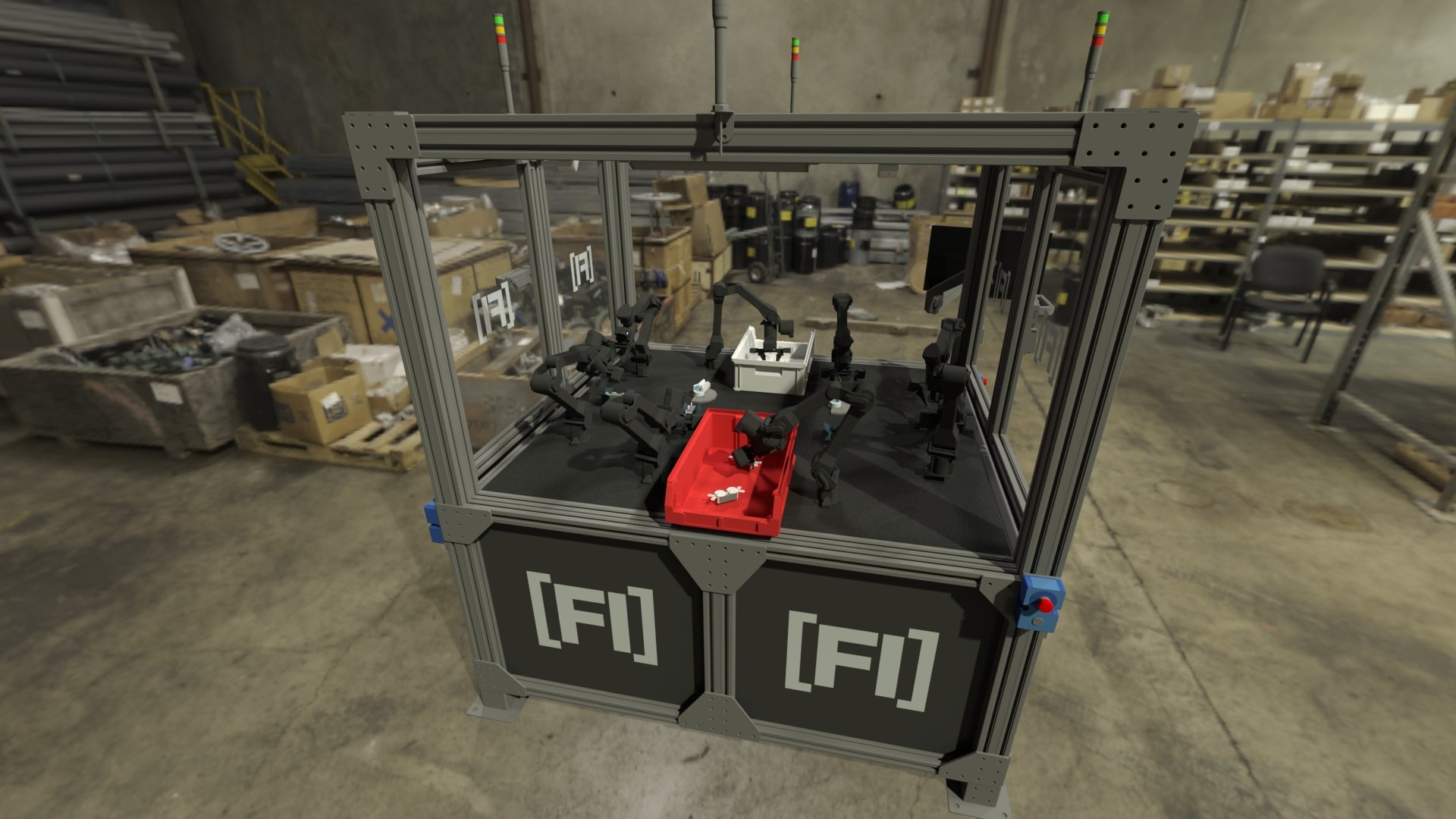 The PreFab-Cell-E1 — an eight-arm robotic station on the shop floor.